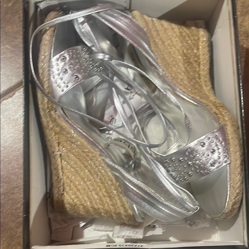 Silver Espadrille Wedge Sandals